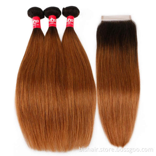 Brazilian straight hair 3 drawstring hair block 1B/30 8A gradient braided drawstring lace closed gradient color hair extension